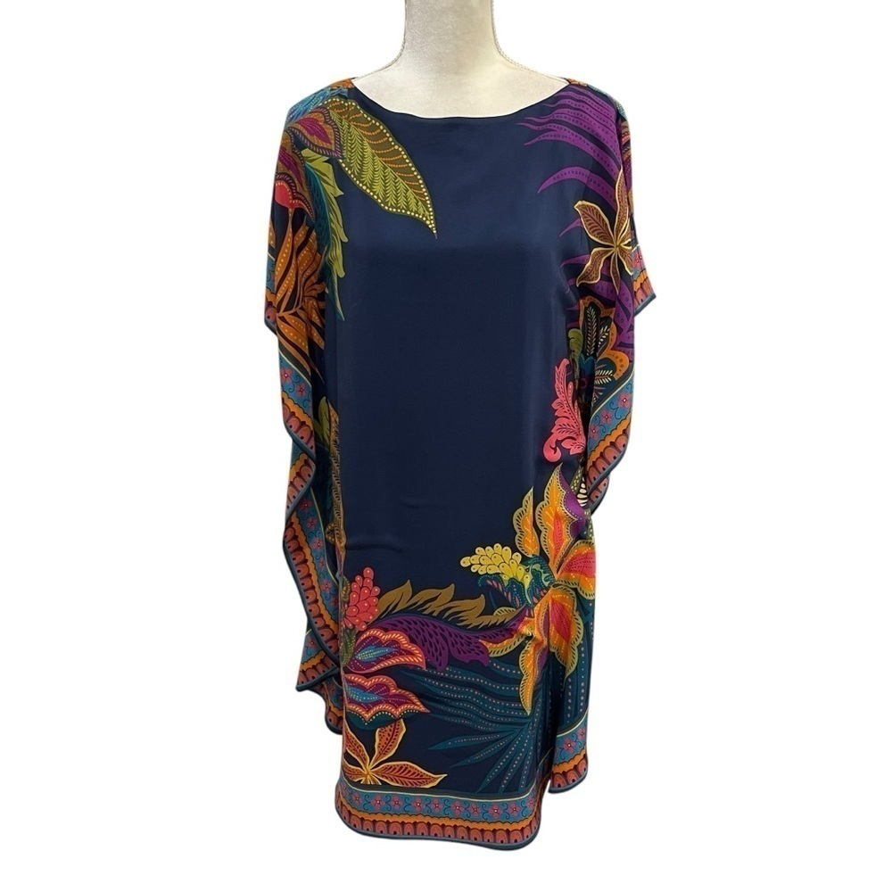 Trina Turk Global Silk Caftan Dress Womens Extra Small Navy Floral Tropical $398 - Picture 3 of 14